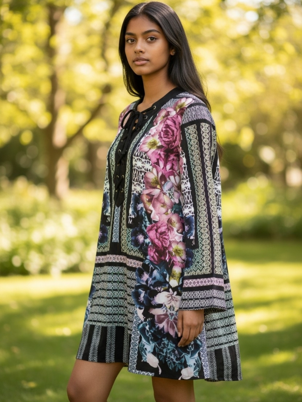 Antonio Melani Dress Black Floral Front Decorative Tie Bell Sleeves Size 6